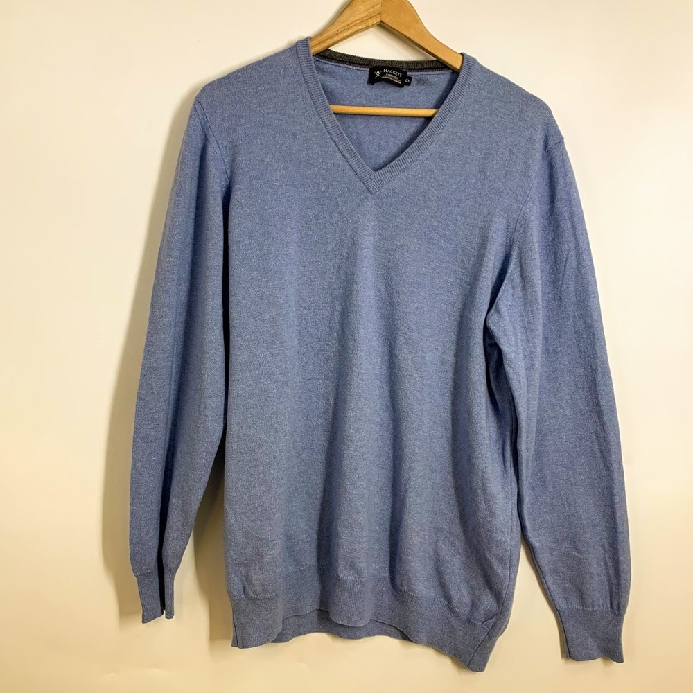 Hackett Men V Neck Merino SIlk Cashmere Long Sleeve Sweater Elbow Patches SZ 2XL